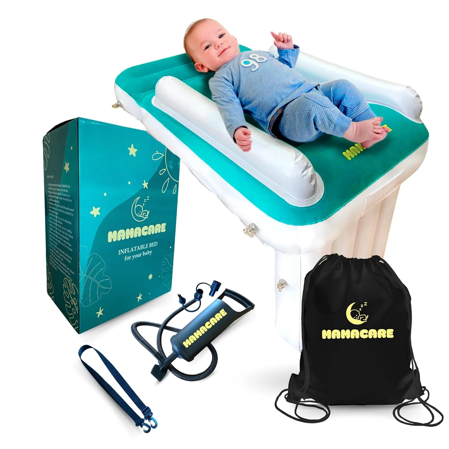 Mamacare Toddler Airplane Bed - Inflatable Baby Airplane Bed for Toddler Travel - Includes Bumpers, Pump, Travel Bag