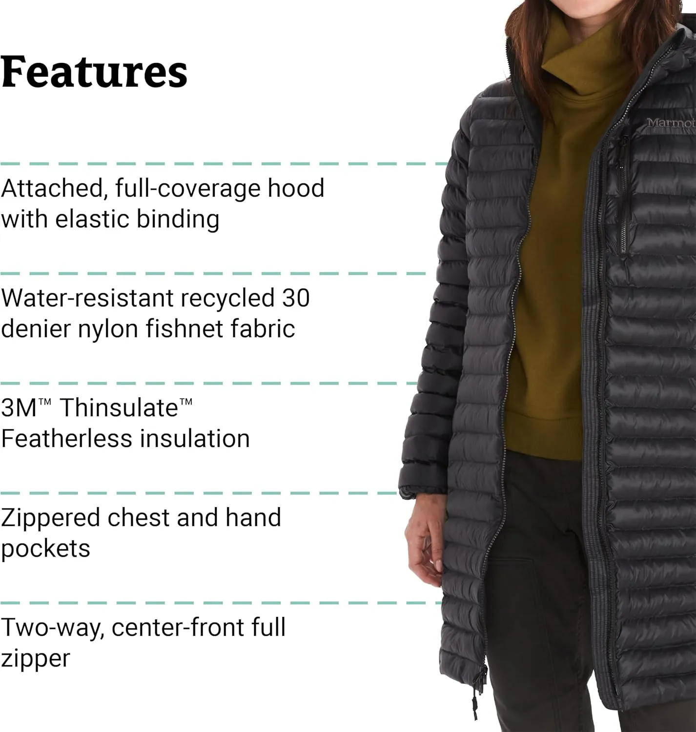 MARMOT Women's Echo Featherless Long Jacket - Mid-Thigh, Lightweight Down-Alternative Puffer with Hood