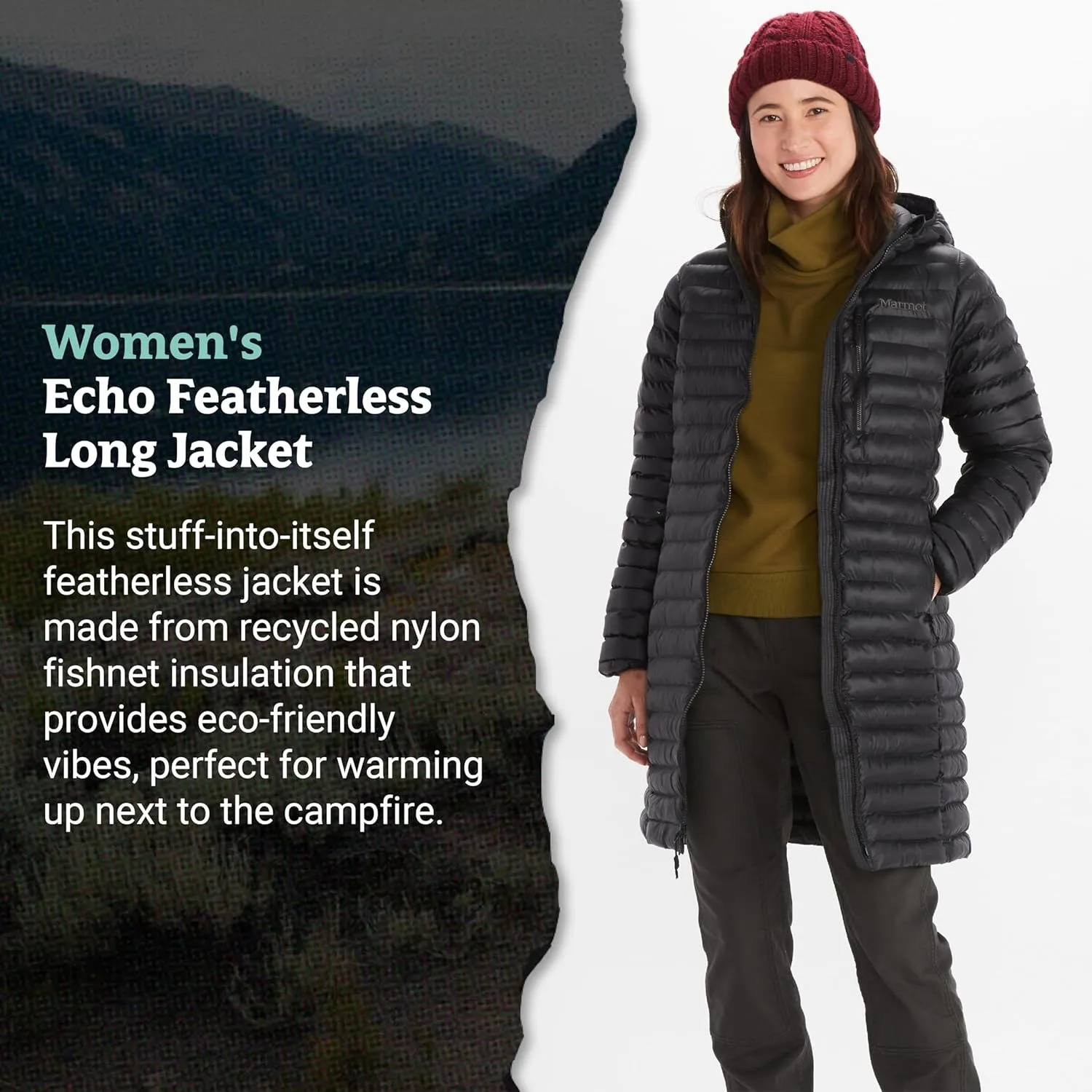 MARMOT Women's Echo Featherless Long Jacket - Mid-Thigh, Lightweight Down-Alternative Puffer with Hood
