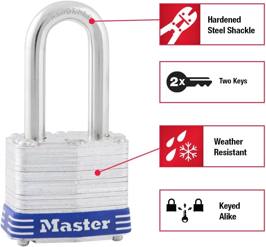Master Lock 3TLF Laminated Steel Padlock with Key, 2 Pack Keyed-Alike, Silver