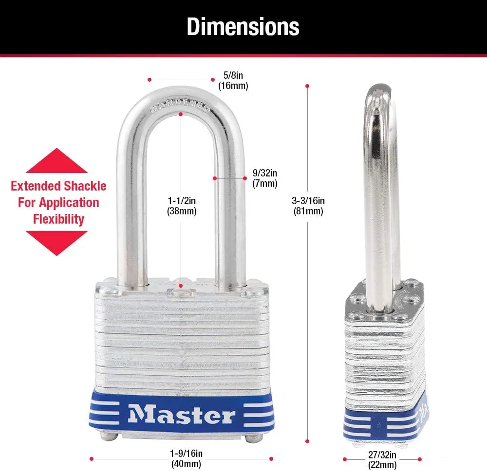 Master Lock 3TLF Laminated Steel Padlock with Key, 2 Pack Keyed-Alike, Silver