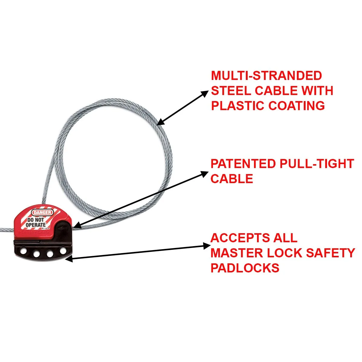 Master Lock S806 Adjustable Lockout Tagout Steel Cable, 5/32" Diameter, Black/Red