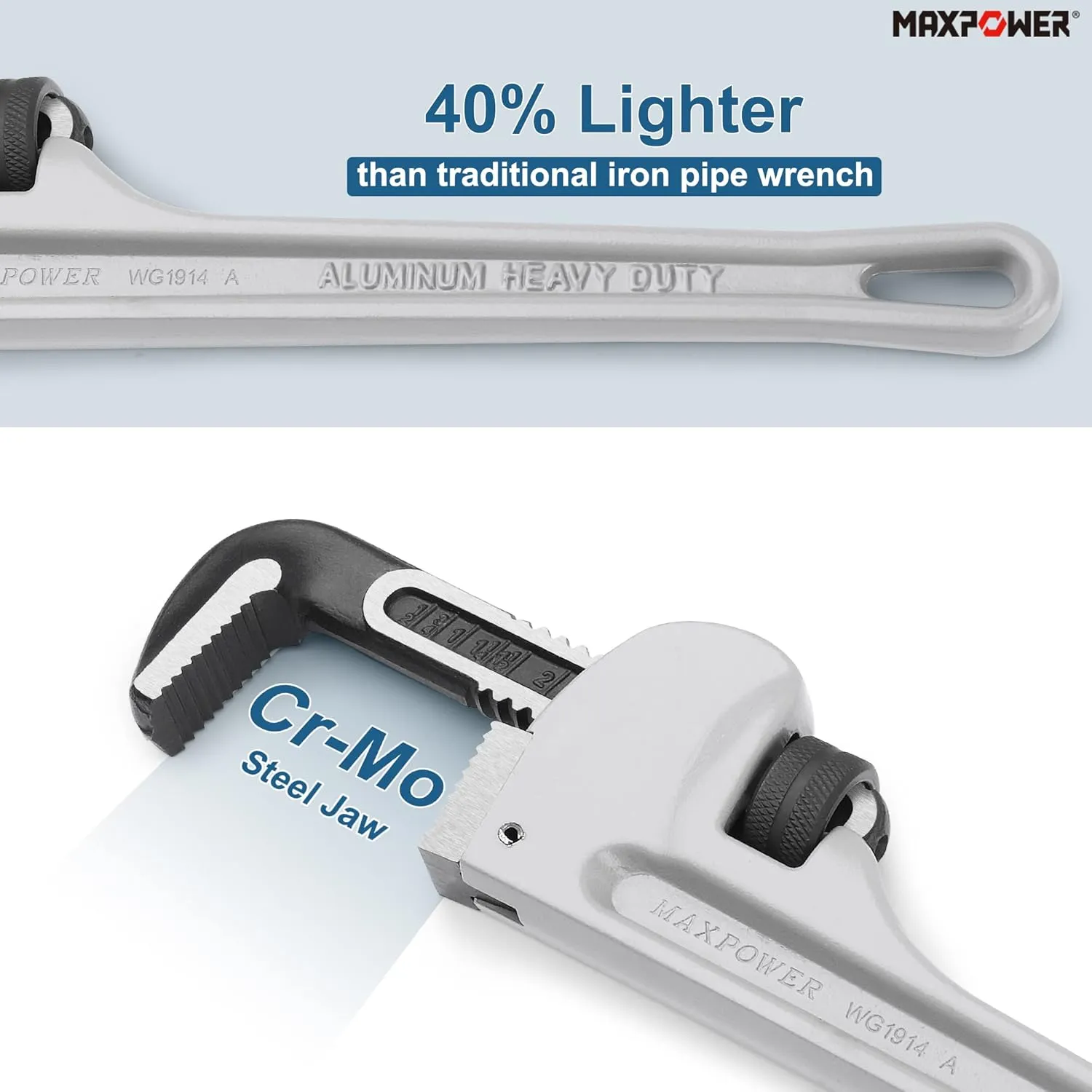 MAXPOWER 14-Inch Pipe Wrench, 40% Lighter Aluminum Plumbing Wrench, Heavy Duty Straight Pipe Wrenches Jaw Max Capacity 2 inch