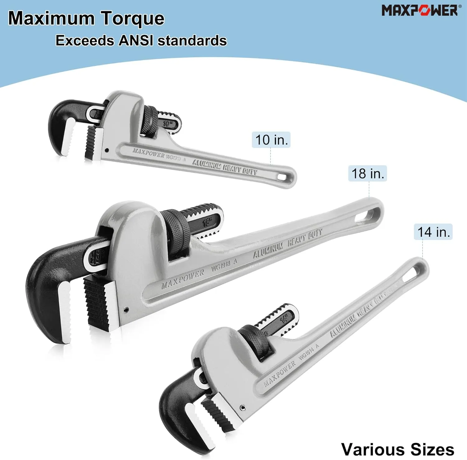 MAXPOWER 14-Inch Pipe Wrench, 40% Lighter Aluminum Plumbing Wrench, Heavy Duty Straight Pipe Wrenches Jaw Max Capacity 2 inch
