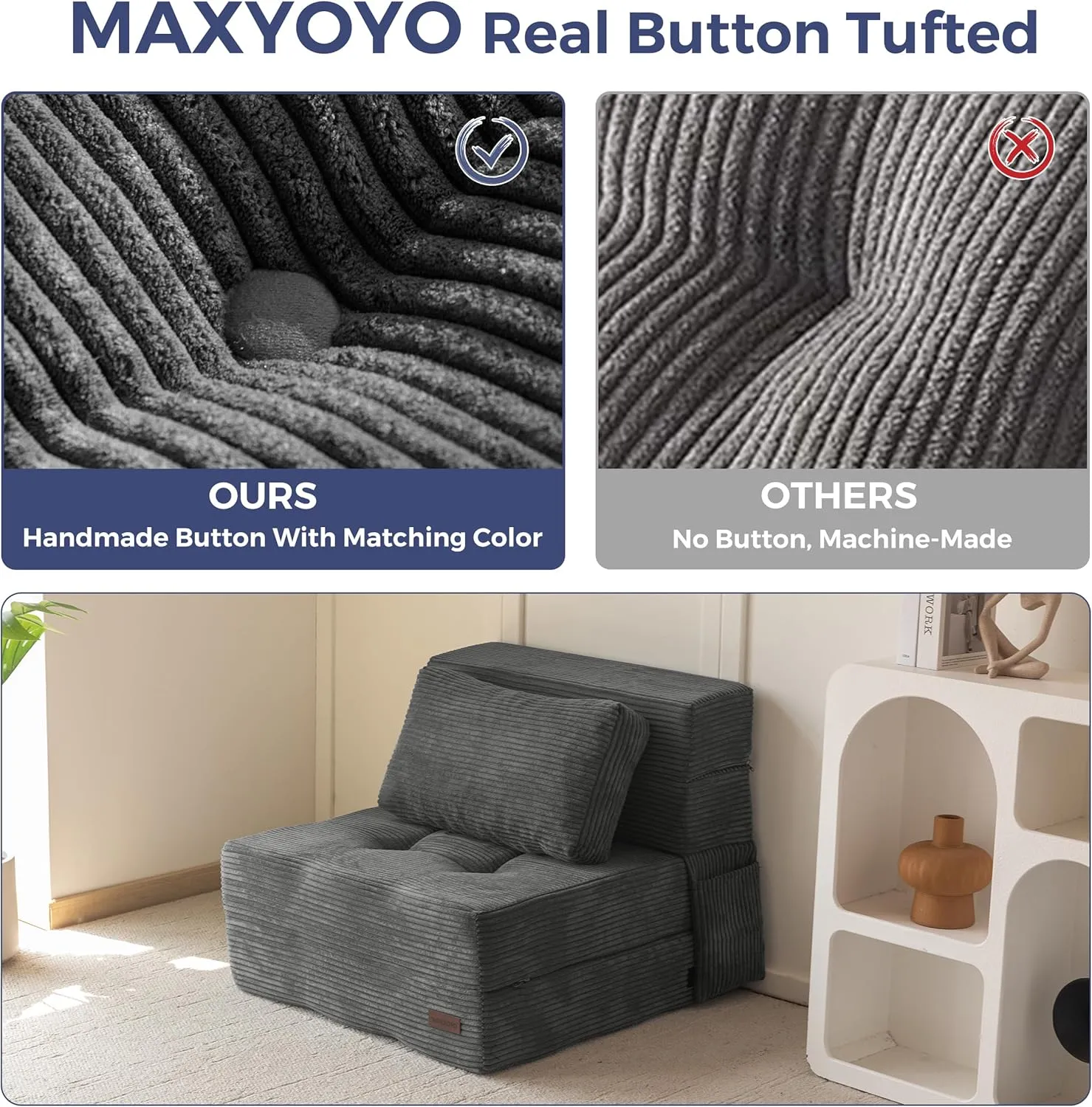 MAXYOYO Convertible Sofa Bed, Fold Out Single Sleeper Sofa with Pillow, 4 in 1 Tufted Folding Couch Bed Foam Floor Couch, Lazy Chair for Living Room Bedroom Guest Room, Dark Grey
