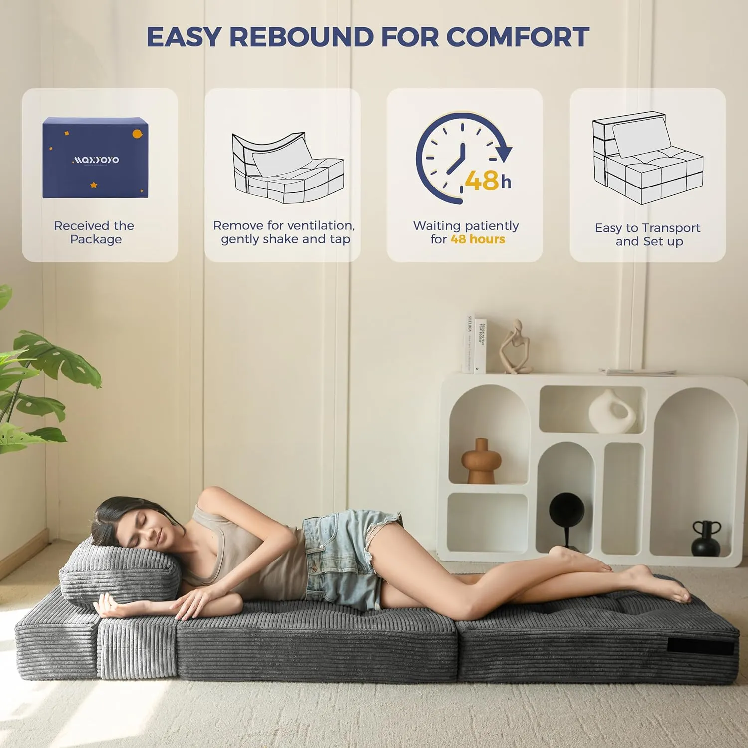 MAXYOYO Convertible Sofa Bed, Fold Out Single Sleeper Sofa with Pillow, 4 in 1 Tufted Folding Couch Bed Foam Floor Couch, Lazy Chair for Living Room Bedroom Guest Room, Dark Grey