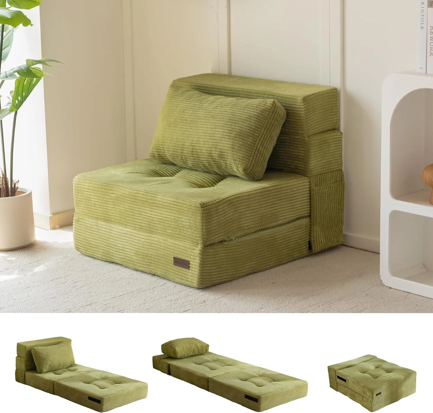 MAXYOYO Convertible Sofa Bed, Fold Out Single Sleeper Sofa with Pillow, 4 in 1 Tufted Folding Couch Bed Foam Floor Couch, Lazy Chair for Living Room Bedroom Guest Room, Green