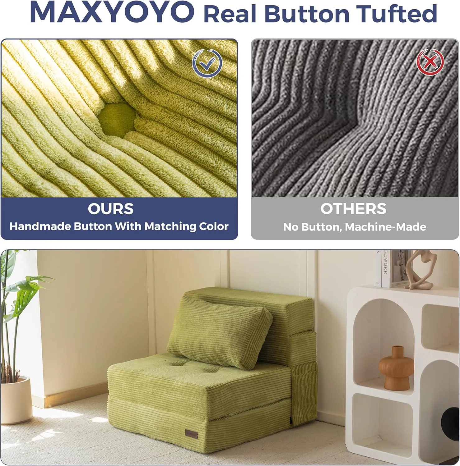 MAXYOYO Convertible Sofa Bed, Fold Out Single Sleeper Sofa with Pillow, 4 in 1 Tufted Folding Couch Bed Foam Floor Couch, Lazy Chair for Living Room Bedroom Guest Room, Green