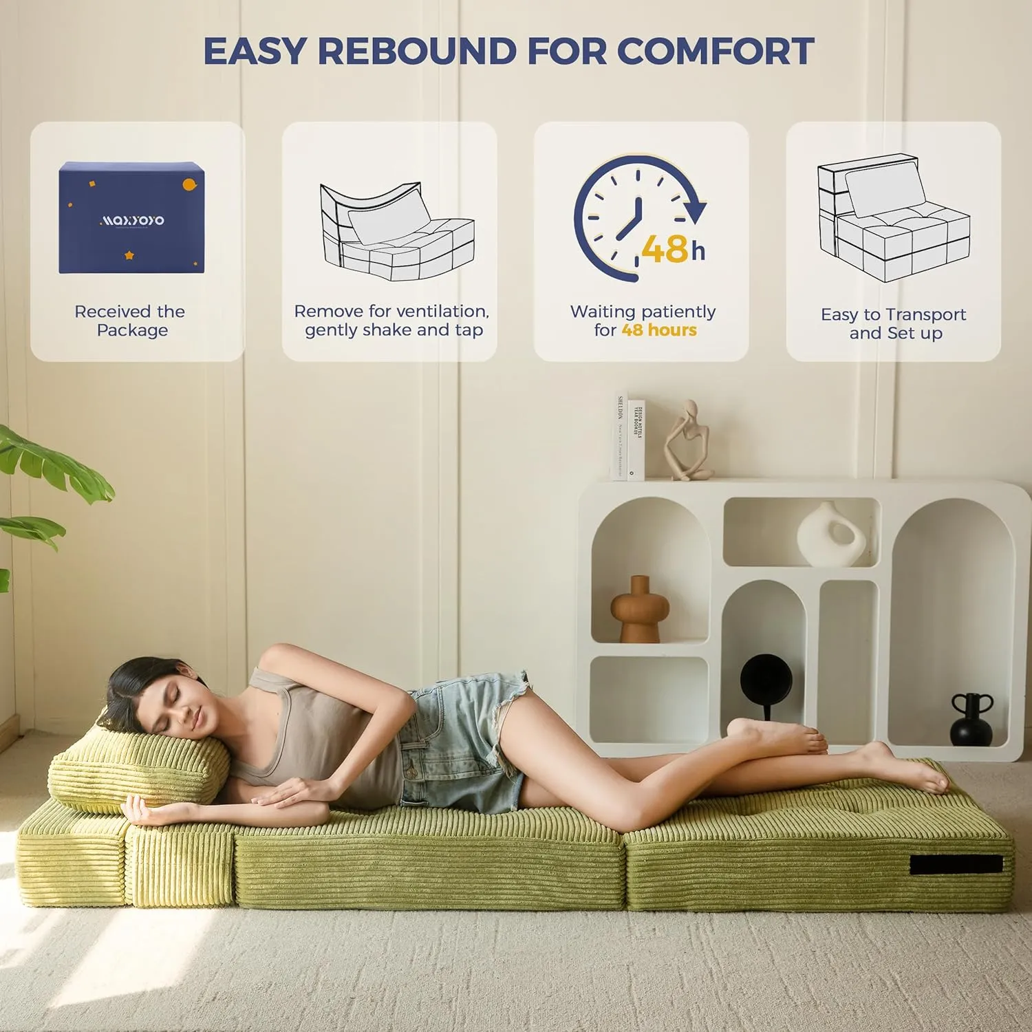 MAXYOYO Convertible Sofa Bed, Fold Out Single Sleeper Sofa with Pillow, 4 in 1 Tufted Folding Couch Bed Foam Floor Couch, Lazy Chair for Living Room Bedroom Guest Room, Green