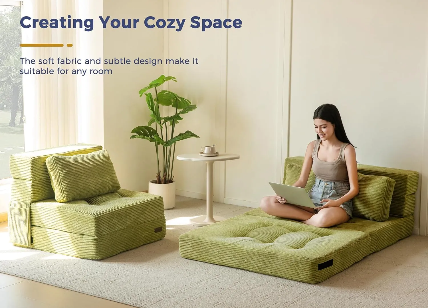 MAXYOYO Convertible Sofa Bed, Fold Out Single Sleeper Sofa with Pillow, 4 in 1 Tufted Folding Couch Bed Foam Floor Couch, Lazy Chair for Living Room Bedroom Guest Room, Green