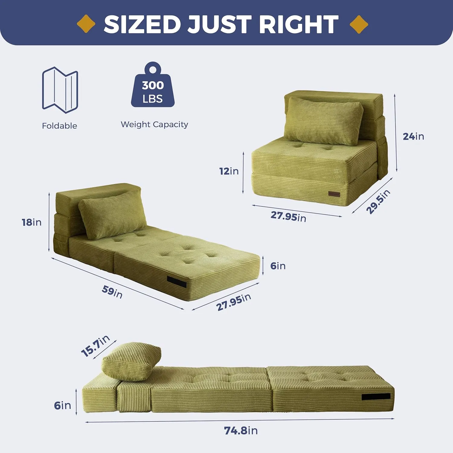MAXYOYO Convertible Sofa Bed, Fold Out Single Sleeper Sofa with Pillow, 4 in 1 Tufted Folding Couch Bed Foam Floor Couch, Lazy Chair for Living Room Bedroom Guest Room, Green
