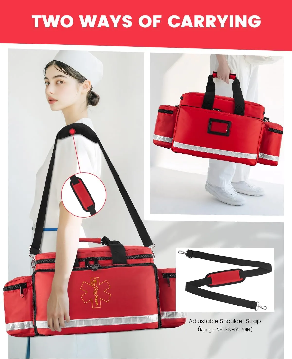 Medical Bag - First Aid Bag Empty, EMT Bag for EMTs, Paramedics & First Responders, 25.8" Water-Resistant, 360° Reflective, 4 Dividers, 3 Removable Transparent Pouches, Padded Detachable Strap