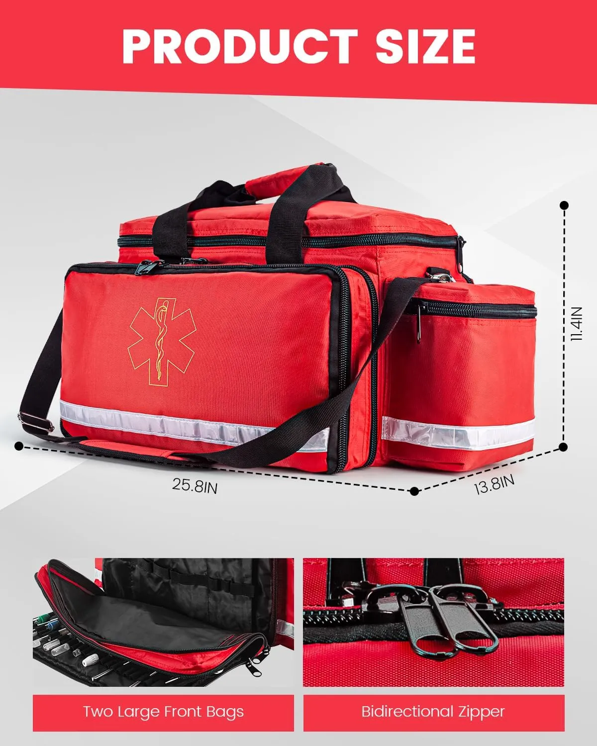 Medical Bag - First Aid Bag Empty, EMT Bag for EMTs, Paramedics & First Responders, 25.8" Water-Resistant, 360° Reflective, 4 Dividers, 3 Removable Transparent Pouches, Padded Detachable Strap