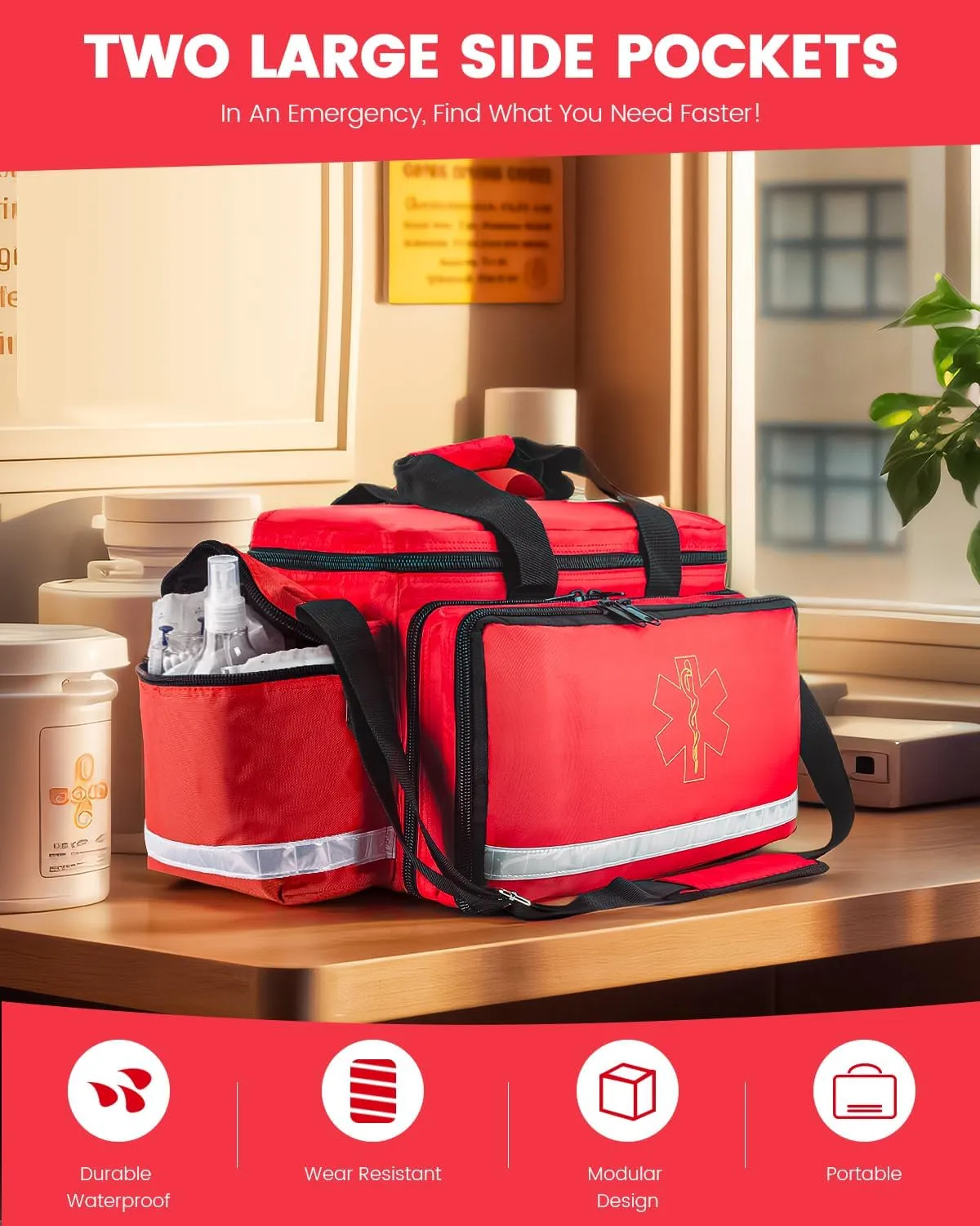 Medical Bag - First Aid Bag Empty, EMT Bag for EMTs, Paramedics & First Responders, 25.8" Water-Resistant, 360° Reflective, 4 Dividers, 3 Removable Transparent Pouches, Padded Detachable Strap