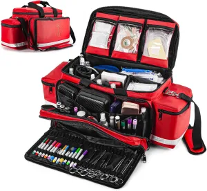 Medical Bag - First Aid Bag Empty, EMT Bag for EMTs, Paramedics & First Responders, 25.8" Water-Resistant, 360° Reflective, 4 Dividers, 3 Removable Transparent Pouches, Padded Detachable Strap