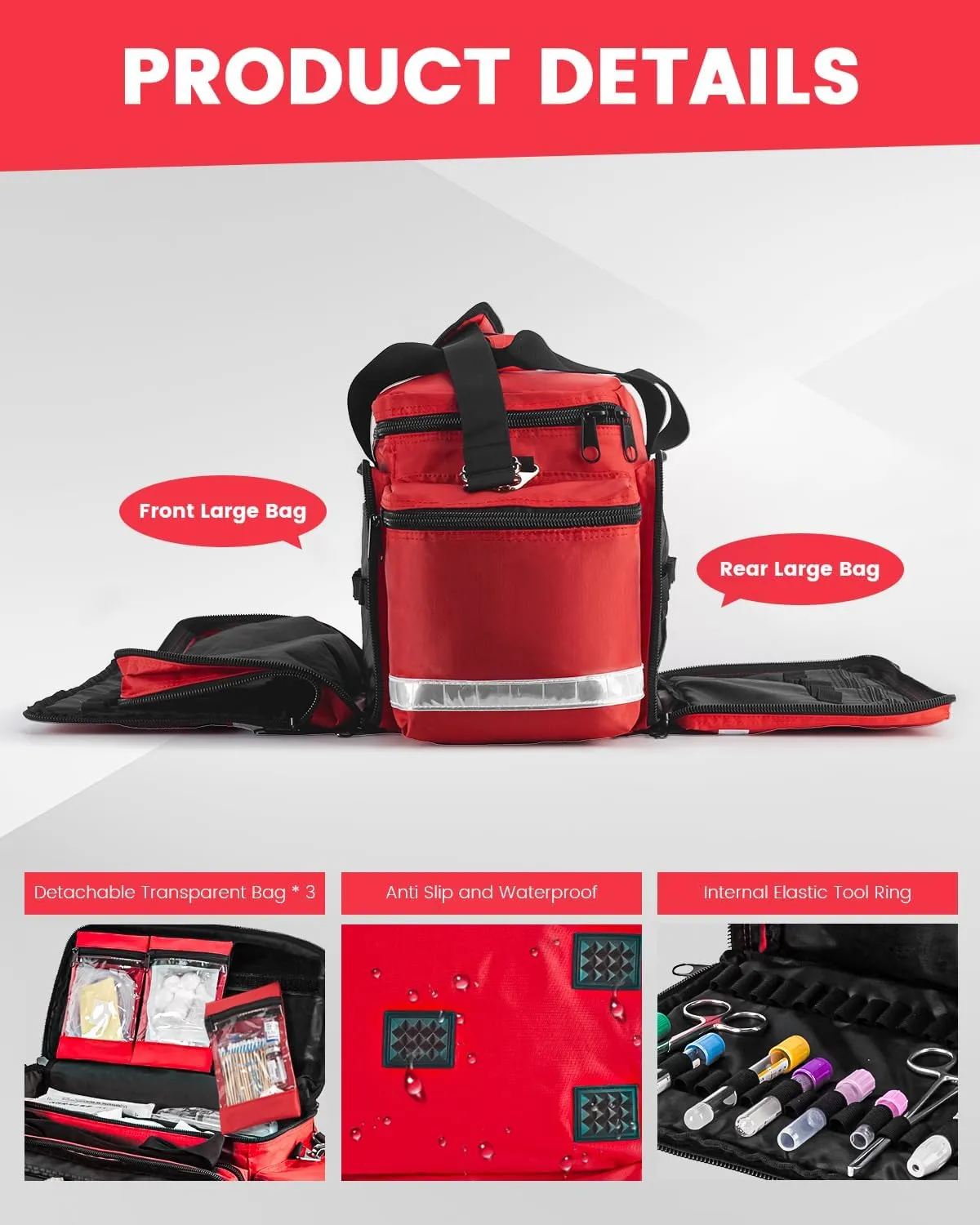 Medical Bag - First Aid Bag Empty, EMT Bag for EMTs, Paramedics & First Responders, 25.8" Water-Resistant, 360° Reflective, 4 Dividers, 3 Removable Transparent Pouches, Padded Detachable Strap