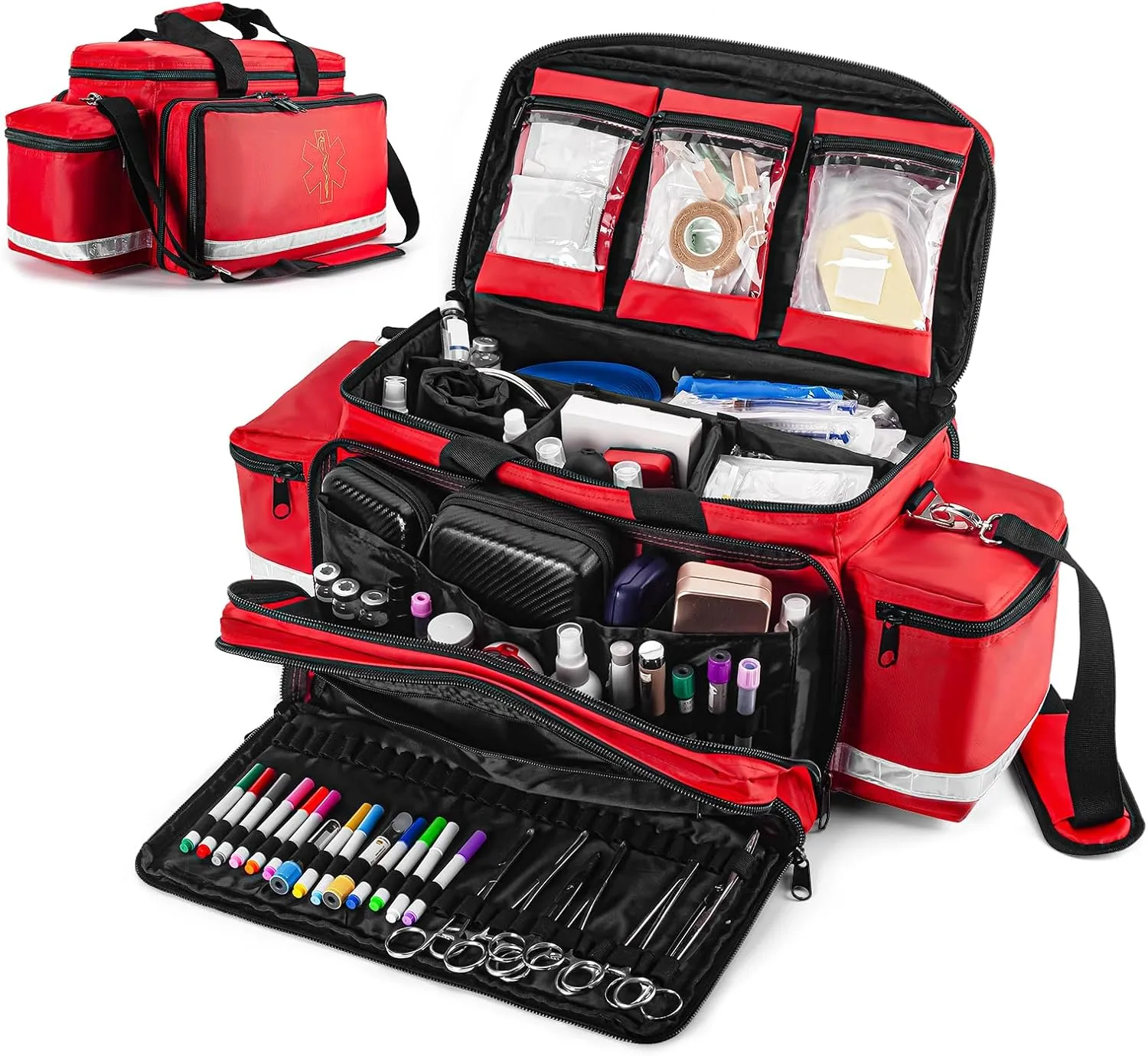 Medical Bag - First Aid Bag Empty, EMT Bag for EMTs, Paramedics & First Responders, 25.8" Water-Resistant, 360° Reflective, 4 Dividers, 3 Removable Transparent Pouches, Padded Detachable Strap