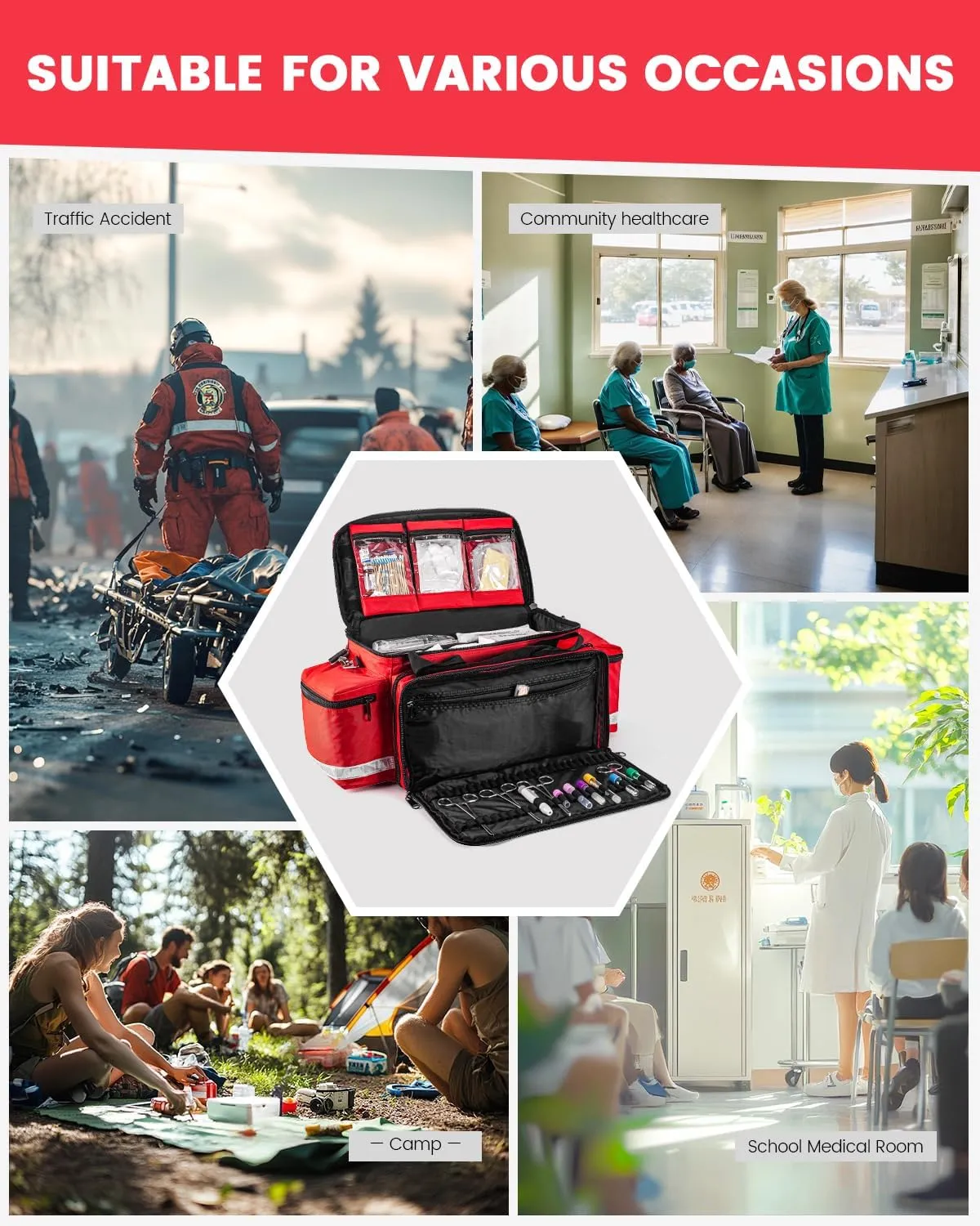Medical Bag - First Aid Bag Empty, EMT Bag for EMTs, Paramedics & First Responders, 25.8" Water-Resistant, 360° Reflective, 4 Dividers, 3 Removable Transparent Pouches, Padded Detachable Strap