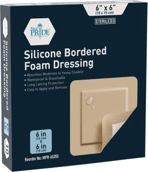 Medpride Adhesive Silicone Bordered Foam Wound Dressing Pads- 6 inches by 6 inches, 10 Pack-Trauma Bandaging for Ulcers, Post Op Wounds, Injuries- Individually Wrapped-Sterile, Pain-Free Removal