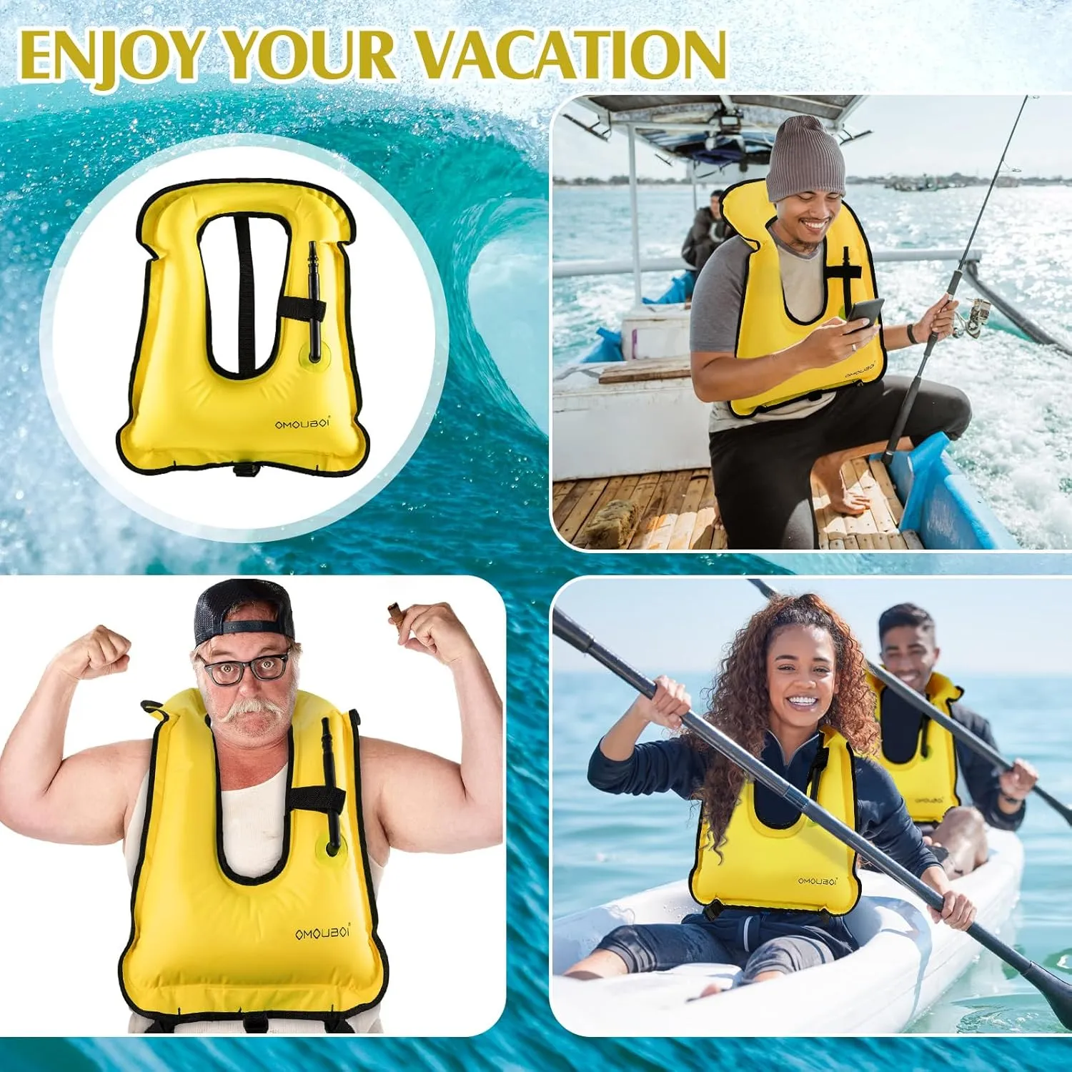 Meooeck 2 Pcs Large Inflatable Snorkel Vest Adults Safety Snorkel Diving Jackets, up to 260 Lbs Loading Portable Swim Jackets, Adjustable Kayaking Buoyancy Gears Safety Vest