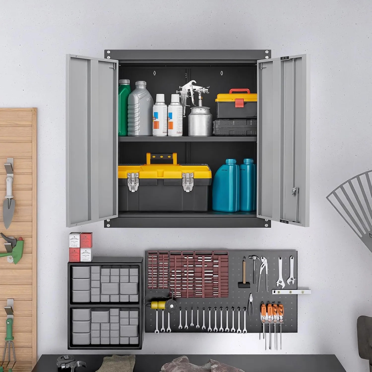 Metal Wall Cabinet, Garage Cabinets Wall Mounted, Locking Storage with Adjustable Shelves, Wall Mount Steel Cabinet with Doors, Floating Cabinet for Home Office, Utility Room