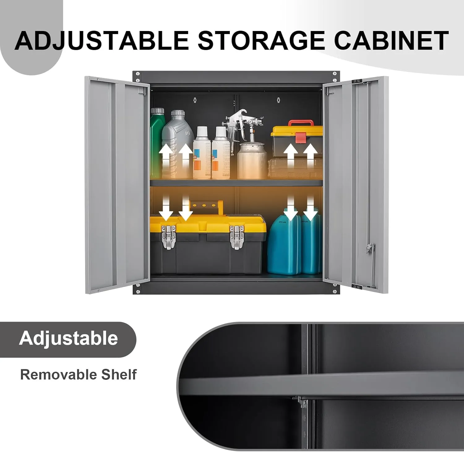 Metal Wall Cabinet, Garage Cabinets Wall Mounted, Locking Storage with Adjustable Shelves, Wall Mount Steel Cabinet with Doors, Floating Cabinet for Home Office, Utility Room