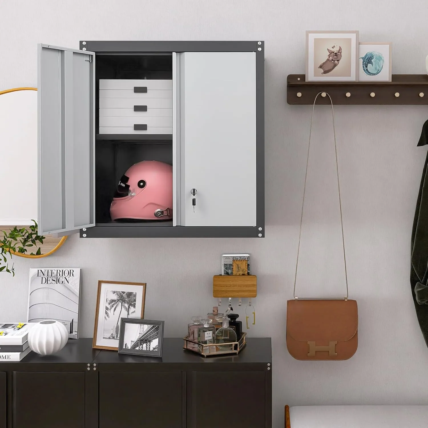 Metal Wall Cabinet, Garage Cabinets Wall Mounted, Locking Storage with Adjustable Shelves, Wall Mount Steel Cabinet with Doors, Floating Cabinet for Home Office, Utility Room