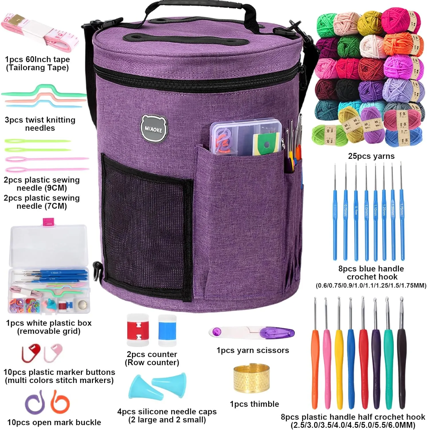 MIAOKE 79pc Crochet Kit, Large Knitting Bag Yarn Storage Organizer, Crocheting Starter Kits with Waterproof Bag, Beginner Knitting Accessories Set, for Beginners Adults Travel Crochet Supplies