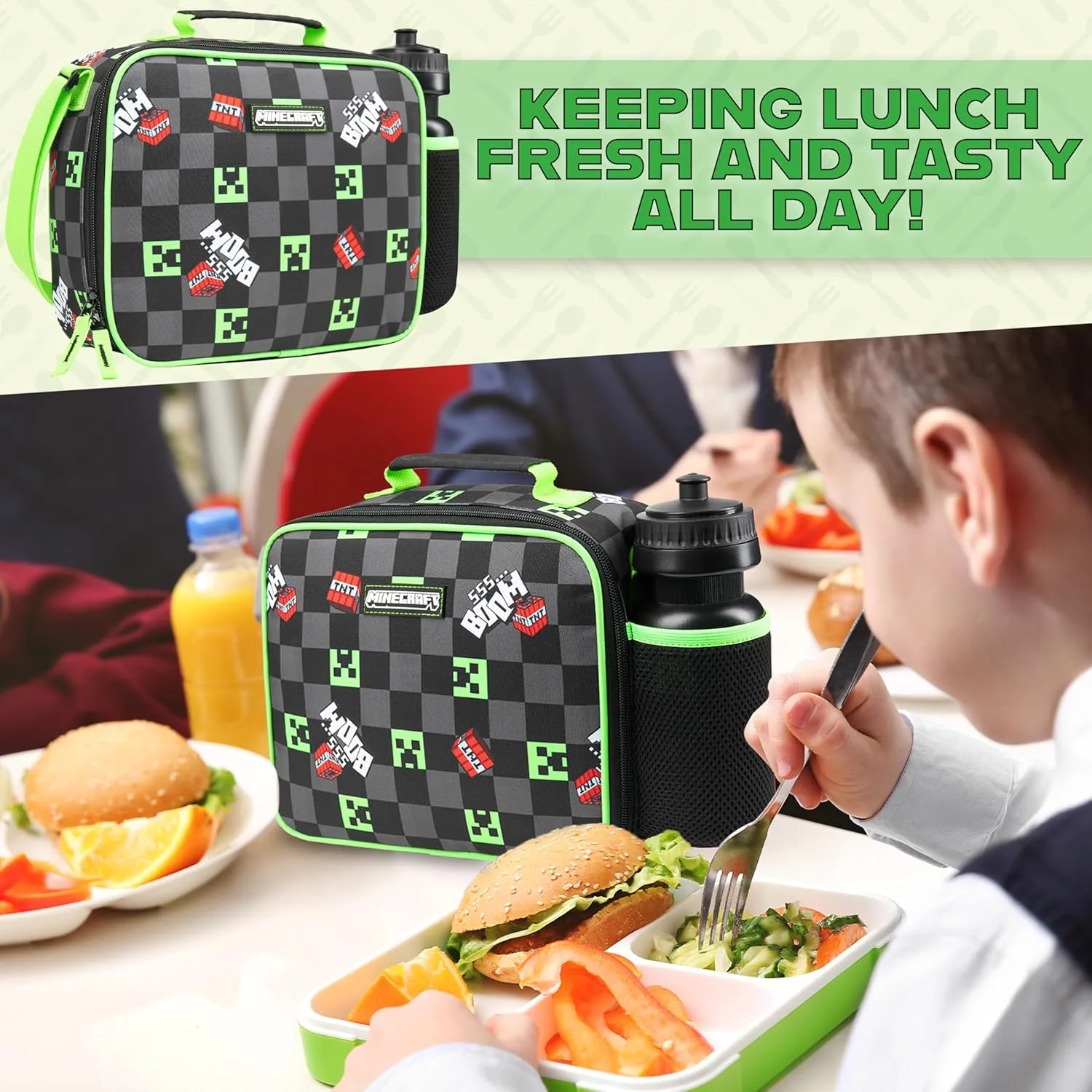 Minecraft Insulated Lunch Bag for Kids Creeper Lunchbox for Boys Snacks Travel Picnic Beach Days Gamer Gifts for Kids (Black/Green)