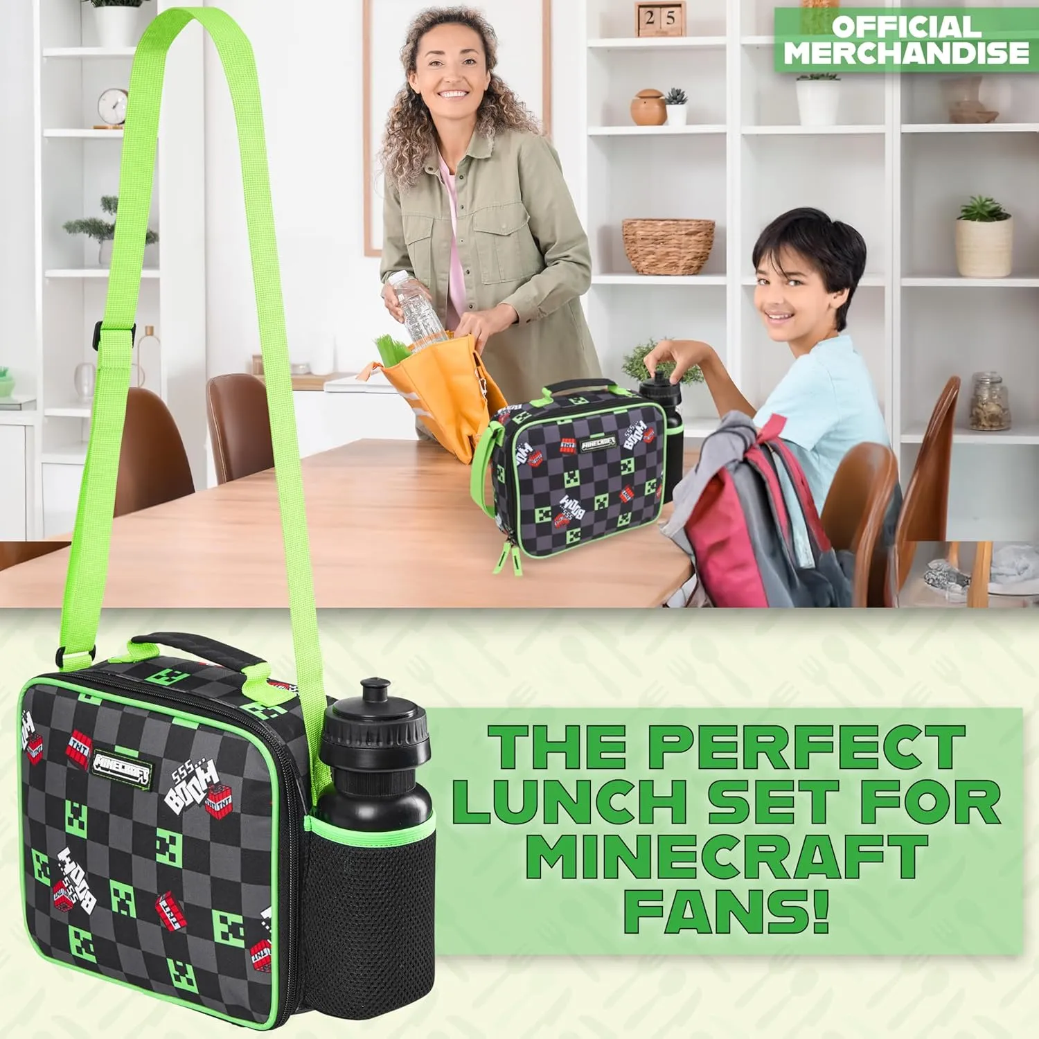 Minecraft Insulated Lunch Bag for Kids Creeper Lunchbox for Boys Snacks Travel Picnic Beach Days Gamer Gifts for Kids (Black/Green)