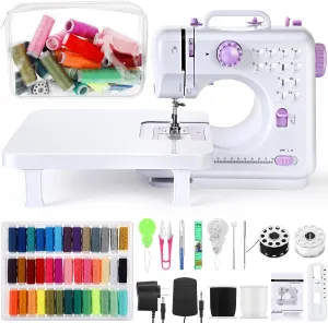 Mini Sewing Machine for Beginners Portable Sewing Machine with Waterproof Case Bag, 20 Pcs Accessory Kit, 12 Built in Stitches, 2 Speeds Double Thread with Foot Pedal, Purple and White