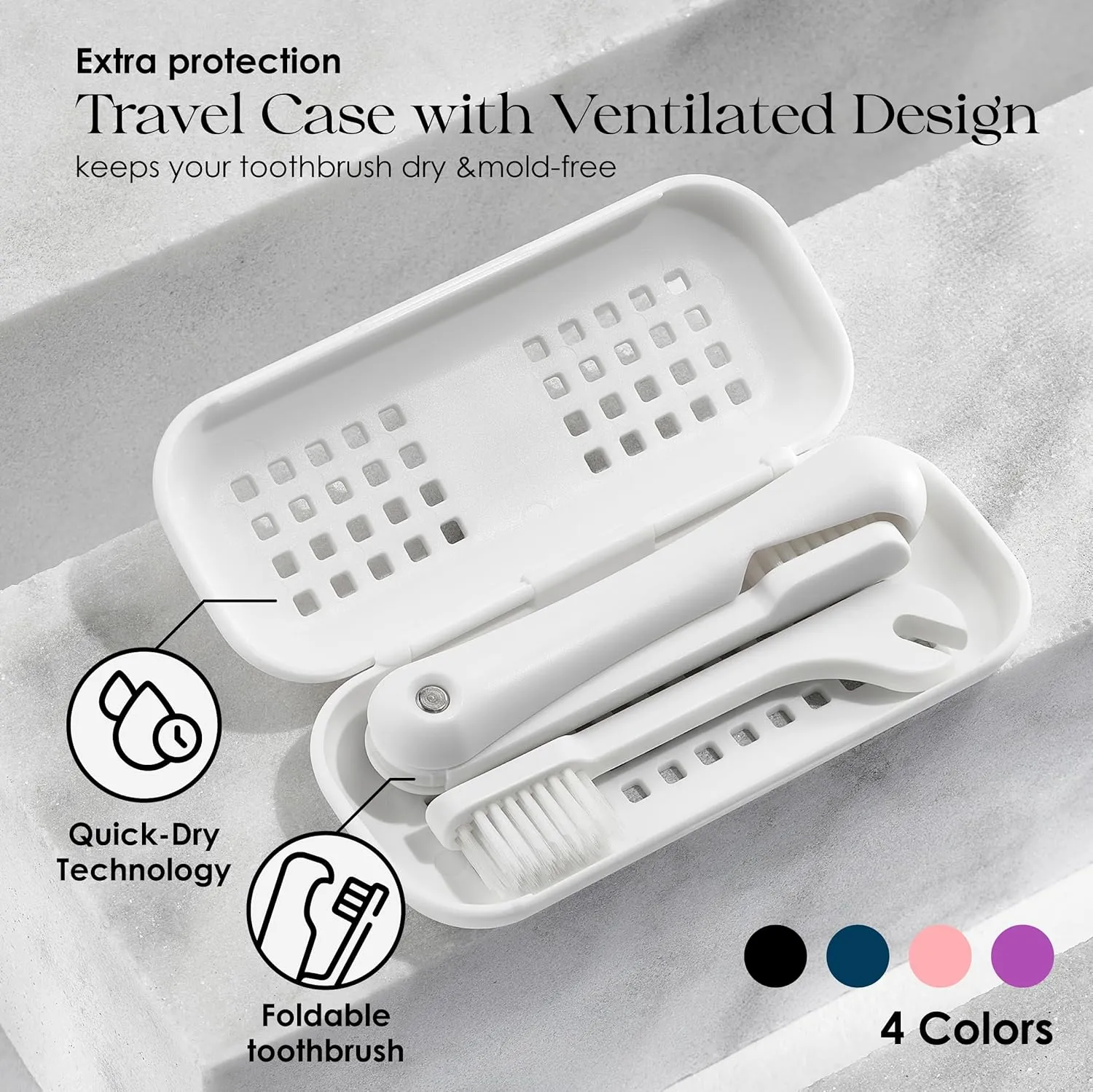 Minibox Folding Travel Toothbrush with Dual-Length Bristles & Case, Compact Mini Design for Business Trips, Camping, and Outdoor Activities, 1 Pack with 2 Extra Replaceable Brush Heads, Black