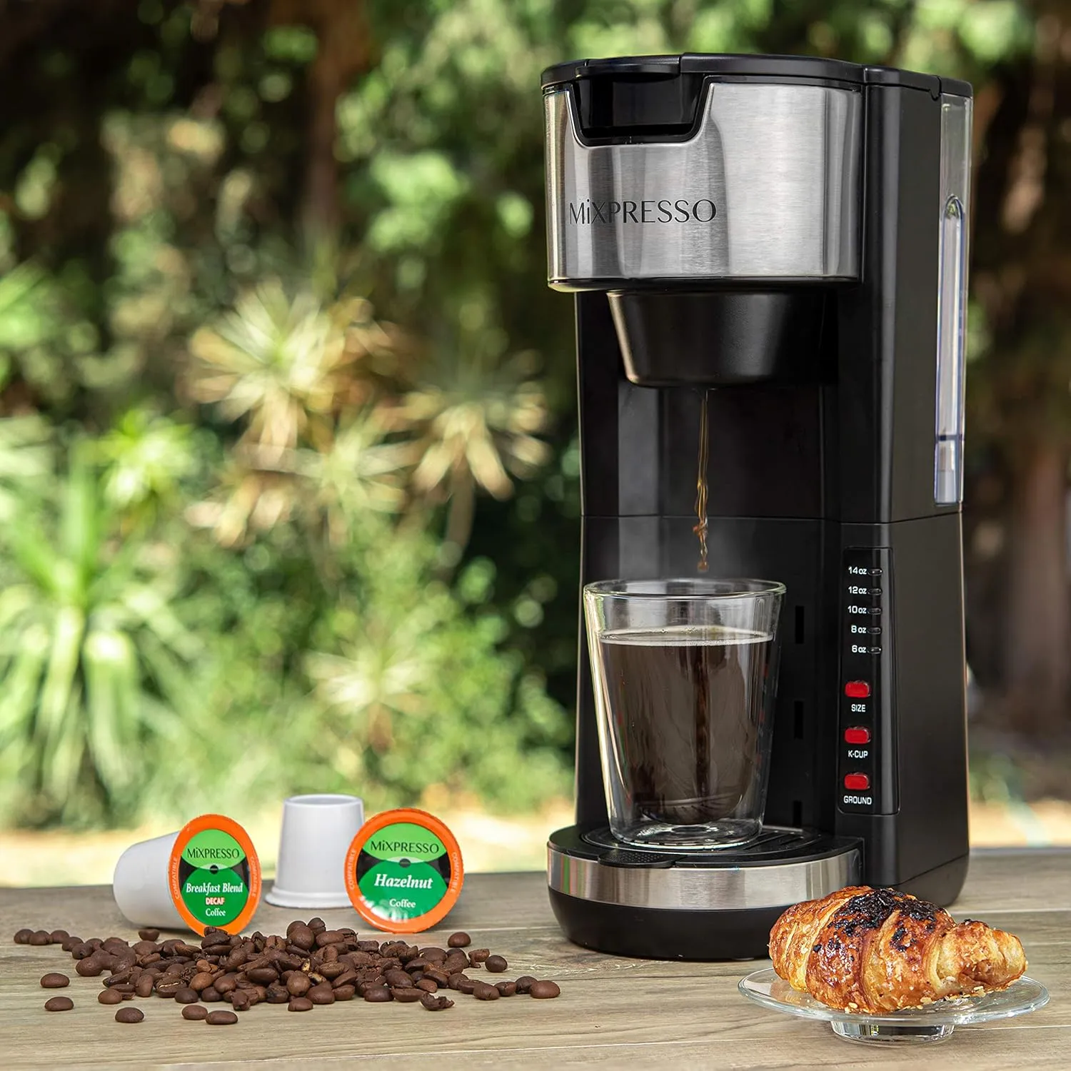Mixpresso Single Serve Coffee Brewer K-Cup Pods Compatible & Ground Coffee, 30 oz Compact Coffee Maker Single Serve With 5 Brew Sizes Up To 14 Oz, Fits Travel Mug, Adjustable Drip Tray, Black