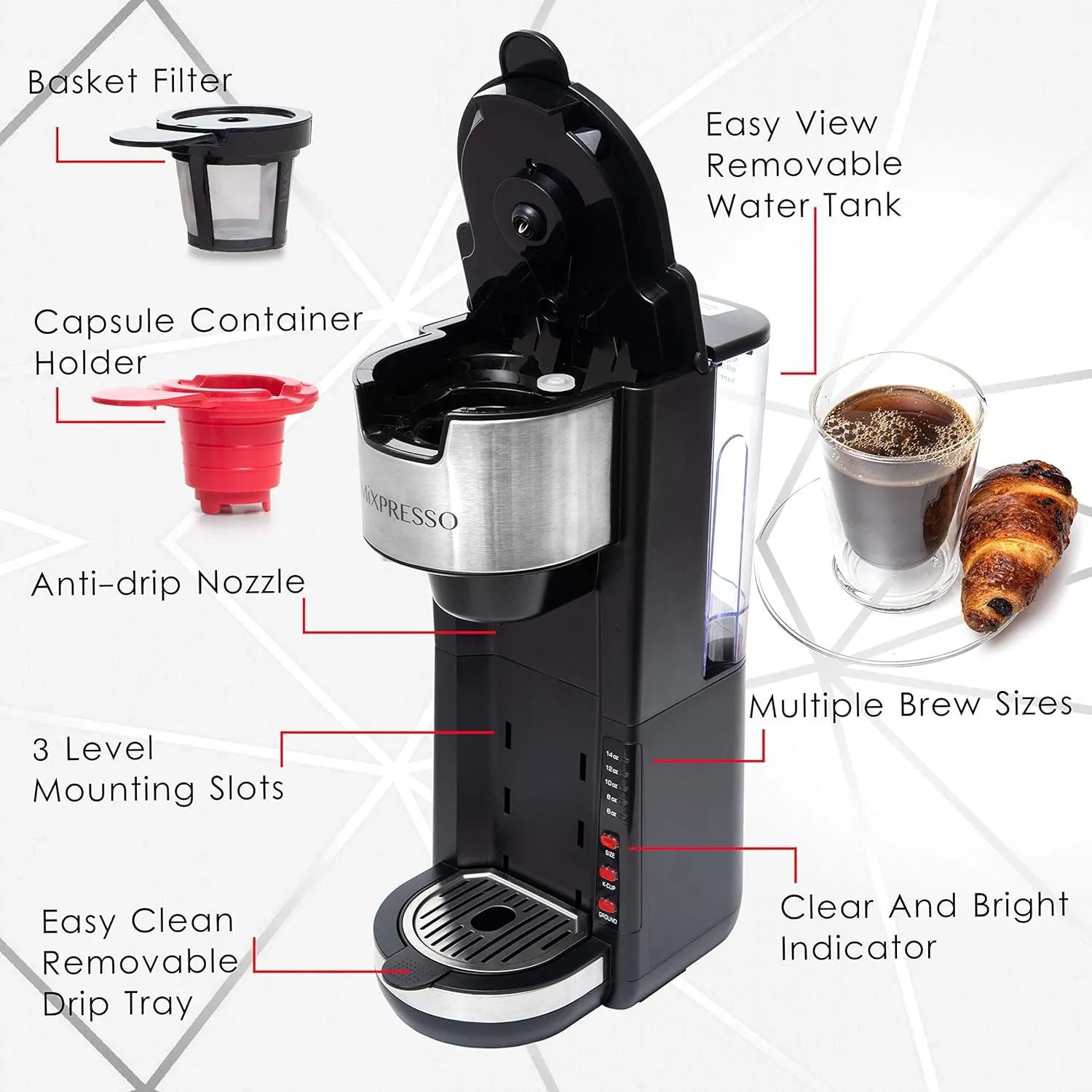 Mixpresso Single Serve Coffee Brewer K-Cup Pods Compatible & Ground Coffee, 30 oz Compact Coffee Maker Single Serve With 5 Brew Sizes Up To 14 Oz, Fits Travel Mug, Adjustable Drip Tray, Black