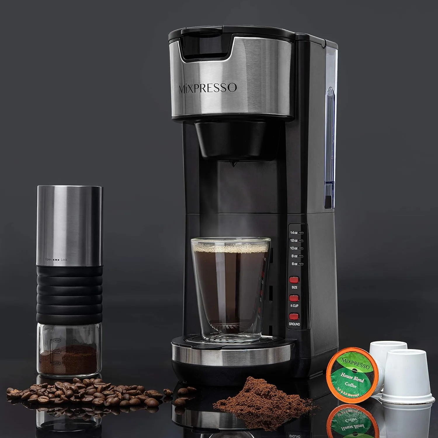 Mixpresso Single Serve Coffee Brewer K-Cup Pods Compatible & Ground Coffee, 30 oz Compact Coffee Maker Single Serve With 5 Brew Sizes Up To 14 Oz, Fits Travel Mug, Adjustable Drip Tray, Black