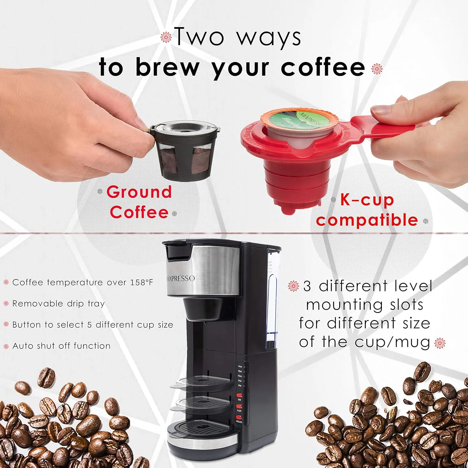 Mixpresso Single Serve Coffee Brewer K-Cup Pods Compatible & Ground Coffee, 30 oz Compact Coffee Maker Single Serve With 5 Brew Sizes Up To 14 Oz, Fits Travel Mug, Adjustable Drip Tray, Black