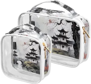MNSRUU Clear Makeup Bags Retro Buildings and Plum Blossoms Toiletry Bag for Women 2 PCS Waterproof Clear Bags Clear Travel Toiletry Bag Small Cosmetic Makeup Bag, Carry on Airport Airline