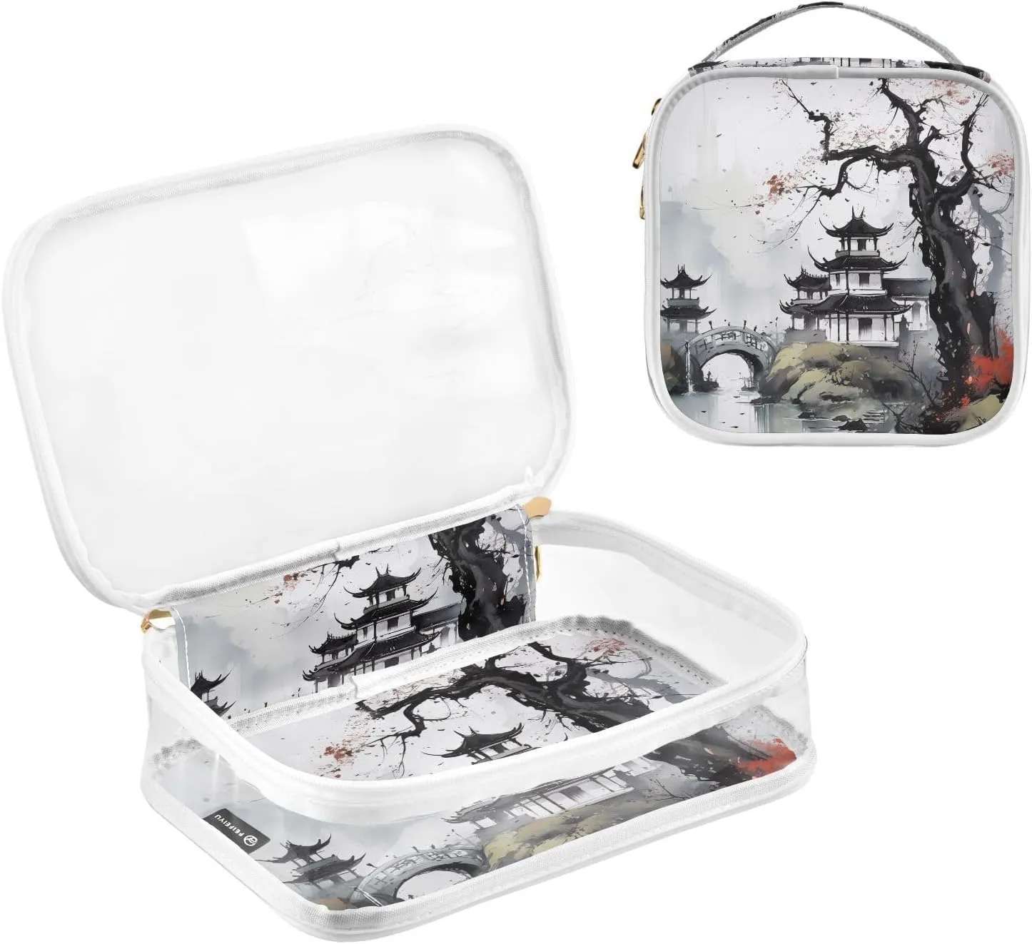 MNSRUU Clear Makeup Bags Retro Buildings and Plum Blossoms Toiletry Bag for Women 2 PCS Waterproof Clear Bags Clear Travel Toiletry Bag Small Cosmetic Makeup Bag, Carry on Airport Airline