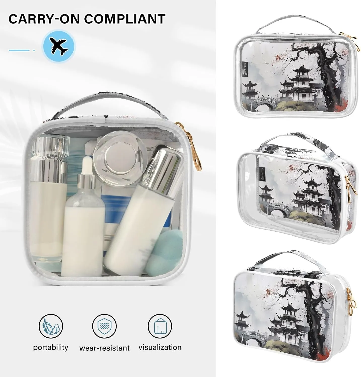 MNSRUU Clear Makeup Bags Retro Buildings and Plum Blossoms Toiletry Bag for Women 2 PCS Waterproof Clear Bags Clear Travel Toiletry Bag Small Cosmetic Makeup Bag, Carry on Airport Airline