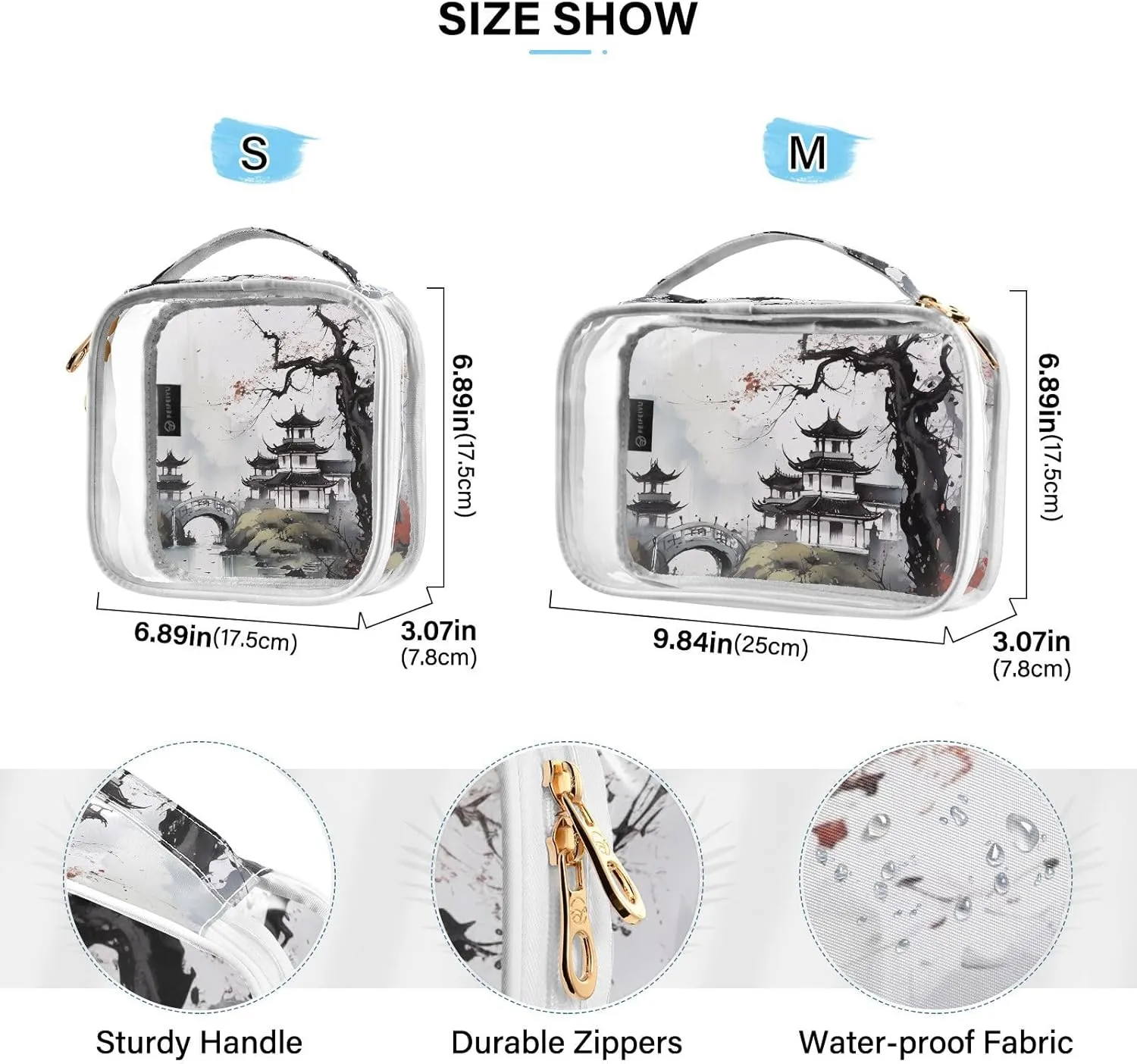 MNSRUU Clear Makeup Bags Retro Buildings and Plum Blossoms Toiletry Bag for Women 2 PCS Waterproof Clear Bags Clear Travel Toiletry Bag Small Cosmetic Makeup Bag, Carry on Airport Airline