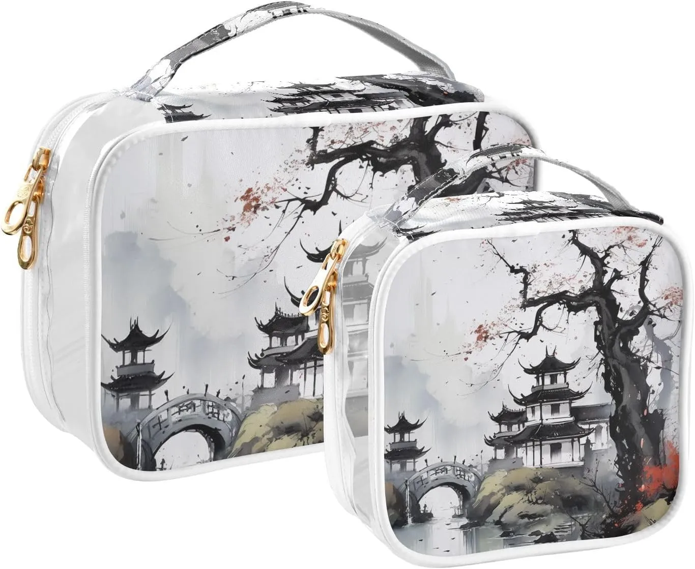 MNSRUU Clear Makeup Bags Retro Buildings and Plum Blossoms Toiletry Bag for Women 2 PCS Waterproof Clear Bags Clear Travel Toiletry Bag Small Cosmetic Makeup Bag, Carry on Airport Airline