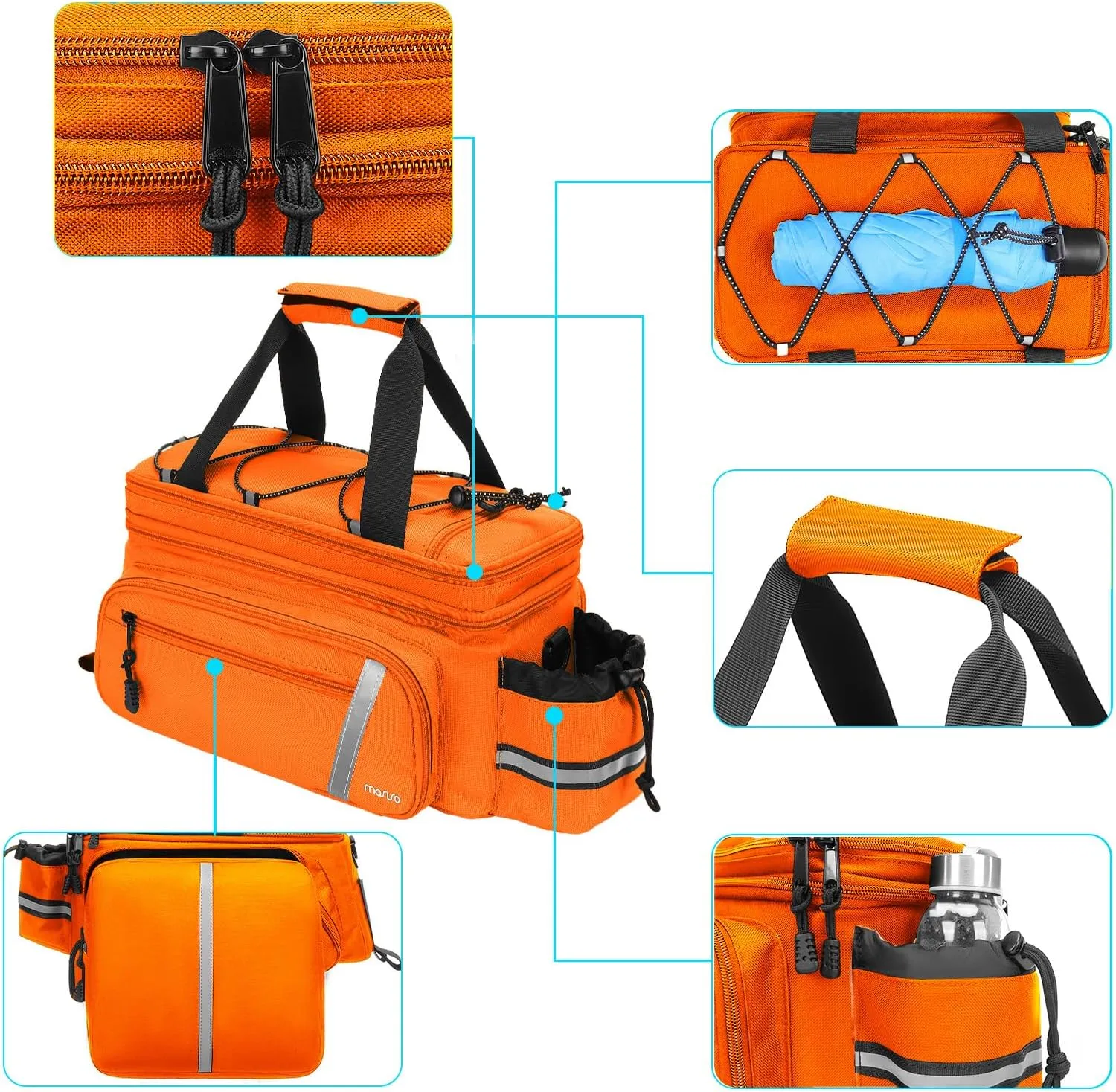 MOSISO Bike Rack Bag with Rain Cover, Bike Trunk Cooler Handag Insulated Bicycle Rear Seat Pouch with 2 Side Foldable Panniers, 8L Cycling Backseat Storage Cargo Saddle Shoulder Bag, Orange