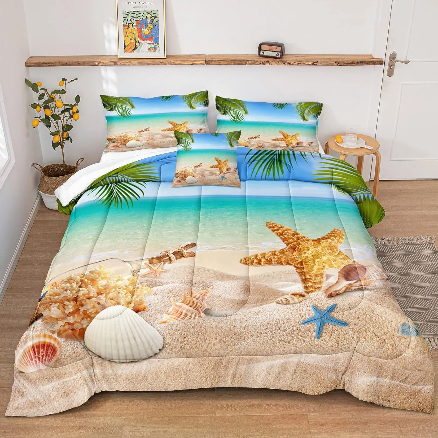 MOVE OVER 4 Pieces Beach Themed Bedding Set Queen Size Ocean Comforter Set Hawaii Scenery Style Conch and Starfish Printed Palm Tree Comforter Set for Summer with 1 CushionCover