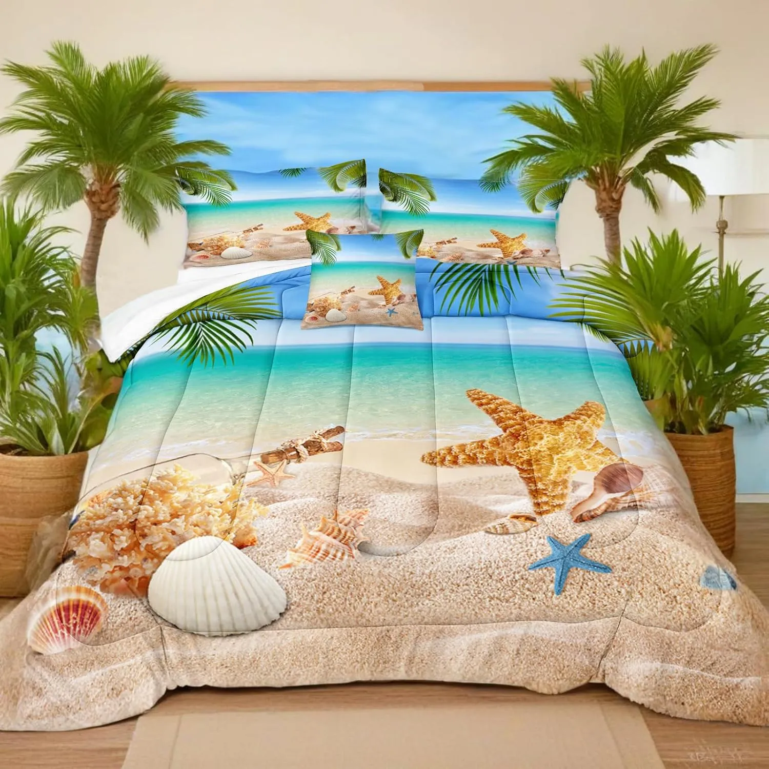MOVE OVER 4 Pieces Beach Themed Bedding Set Queen Size Ocean Comforter Set Hawaii Scenery Style Conch and Starfish Printed Palm Tree Comforter Set for Summer with 1 CushionCover