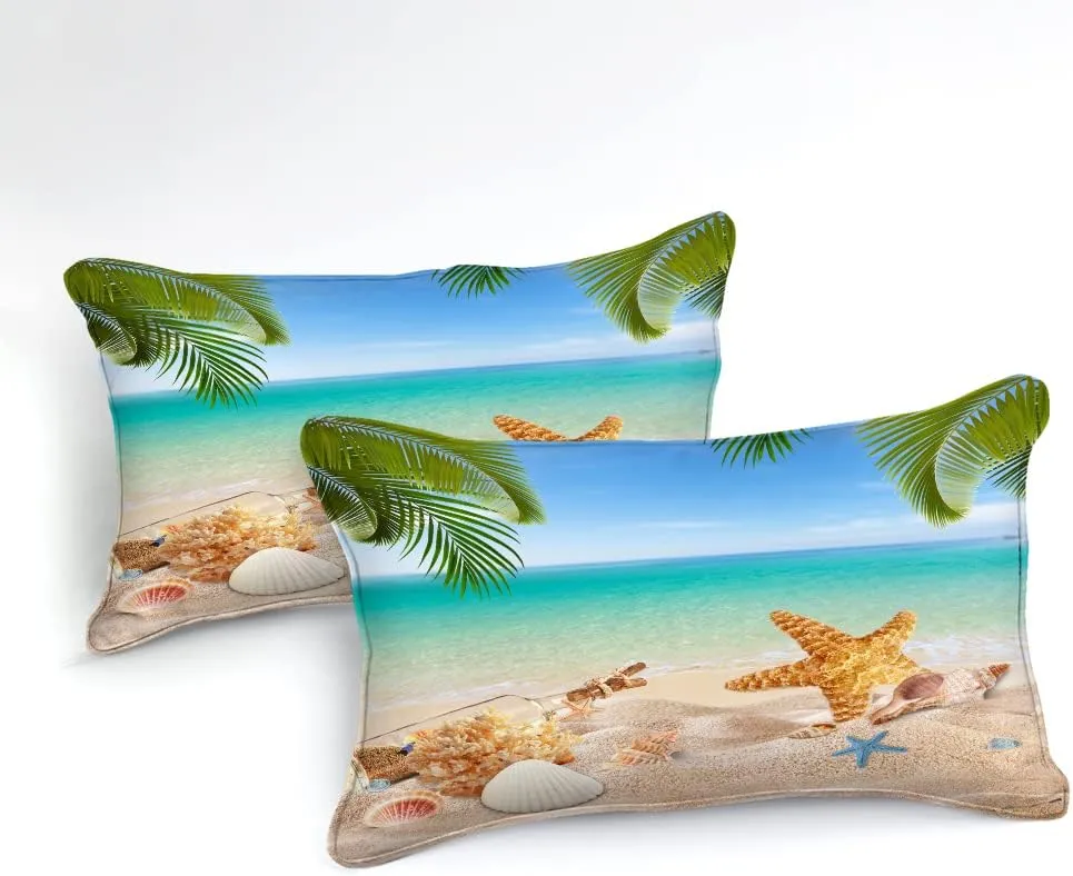 MOVE OVER 4 Pieces Beach Themed Bedding Set Queen Size Ocean Comforter Set Hawaii Scenery Style Conch and Starfish Printed Palm Tree Comforter Set for Summer with 1 CushionCover