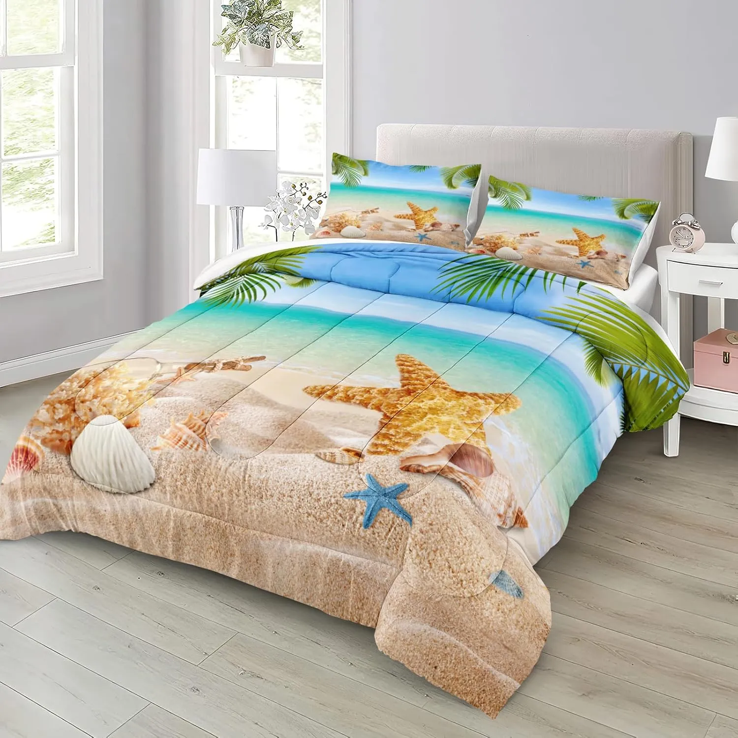 MOVE OVER 4 Pieces Beach Themed Bedding Set Queen Size Ocean Comforter Set Hawaii Scenery Style Conch and Starfish Printed Palm Tree Comforter Set for Summer with 1 CushionCover