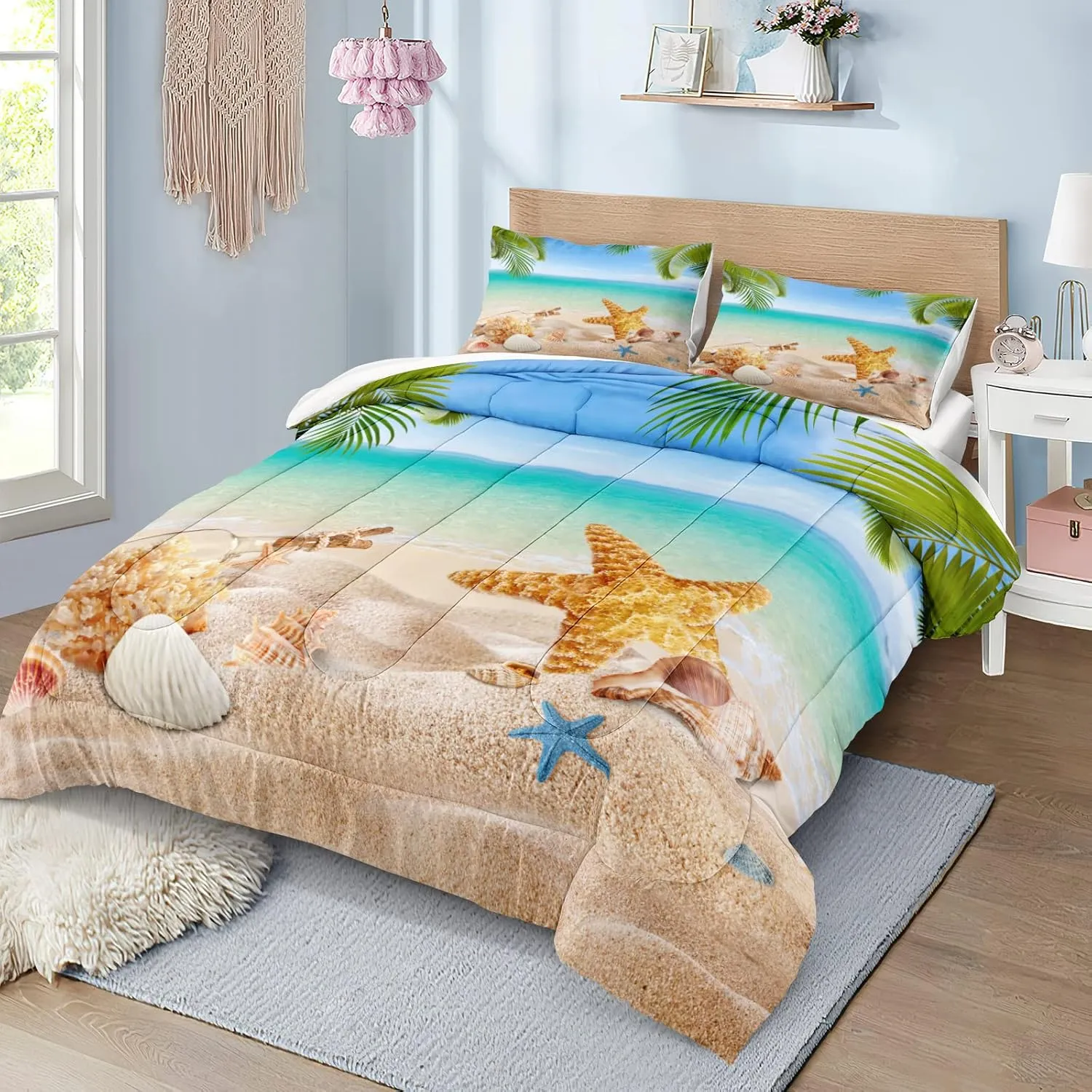 MOVE OVER 4 Pieces Beach Themed Bedding Set Queen Size Ocean Comforter Set Hawaii Scenery Style Conch and Starfish Printed Palm Tree Comforter Set for Summer with 1 CushionCover