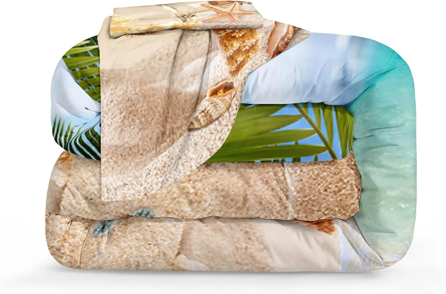 MOVE OVER 4 Pieces Beach Themed Bedding Set Queen Size Ocean Comforter Set Hawaii Scenery Style Conch and Starfish Printed Palm Tree Comforter Set for Summer with 1 CushionCover