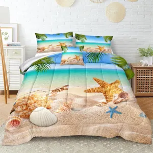 MOVE OVER 4 Pieces Beach Themed Bedding Set Queen Size Ocean Comforter Set Hawaii Scenery Style Conch and Starfish Printed Palm Tree Comforter Set for Summer with 1 CushionCover