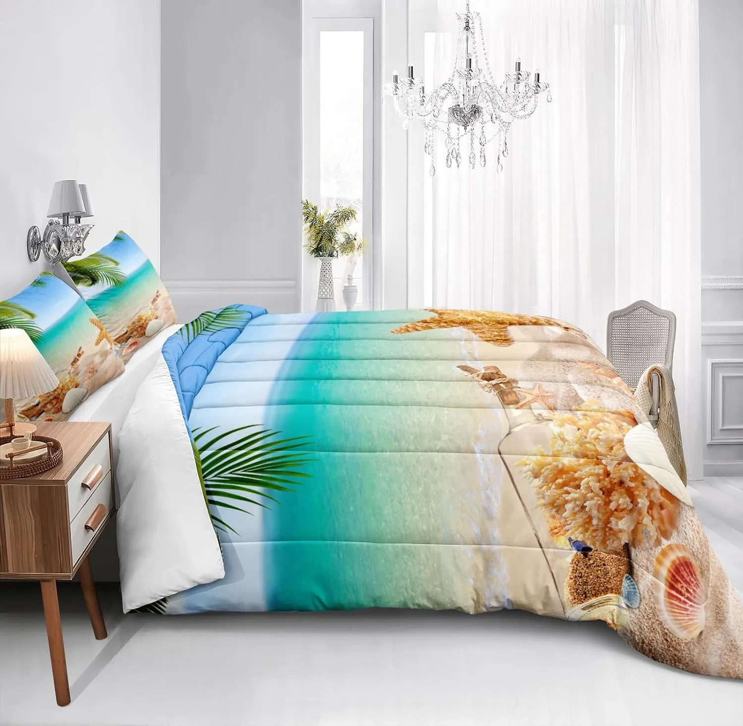 MOVE OVER 4 Pieces Beach Themed Bedding Set Queen Size Ocean Comforter Set Hawaii Scenery Style Conch and Starfish Printed Palm Tree Comforter Set for Summer with 1 CushionCover